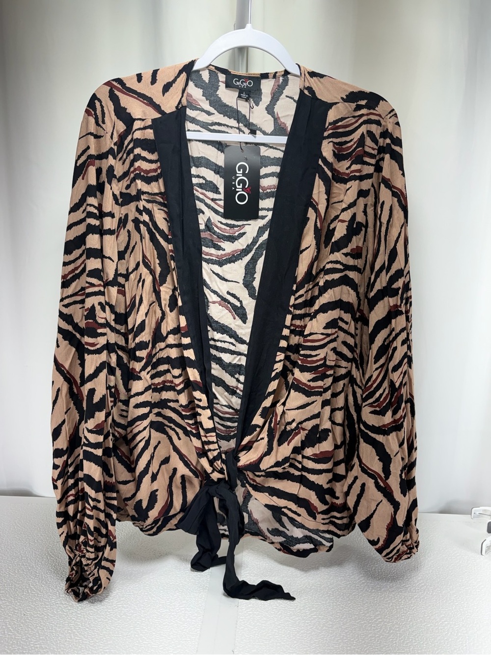 G.Gio Beige Tiger-Print Tie-Front Blouse with Black Trim 4593